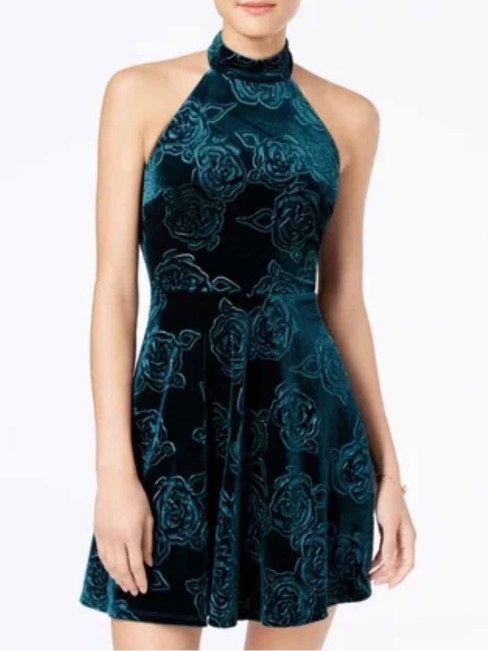 Teeze Me Teal Velvet Floral Halter Mini Dress
